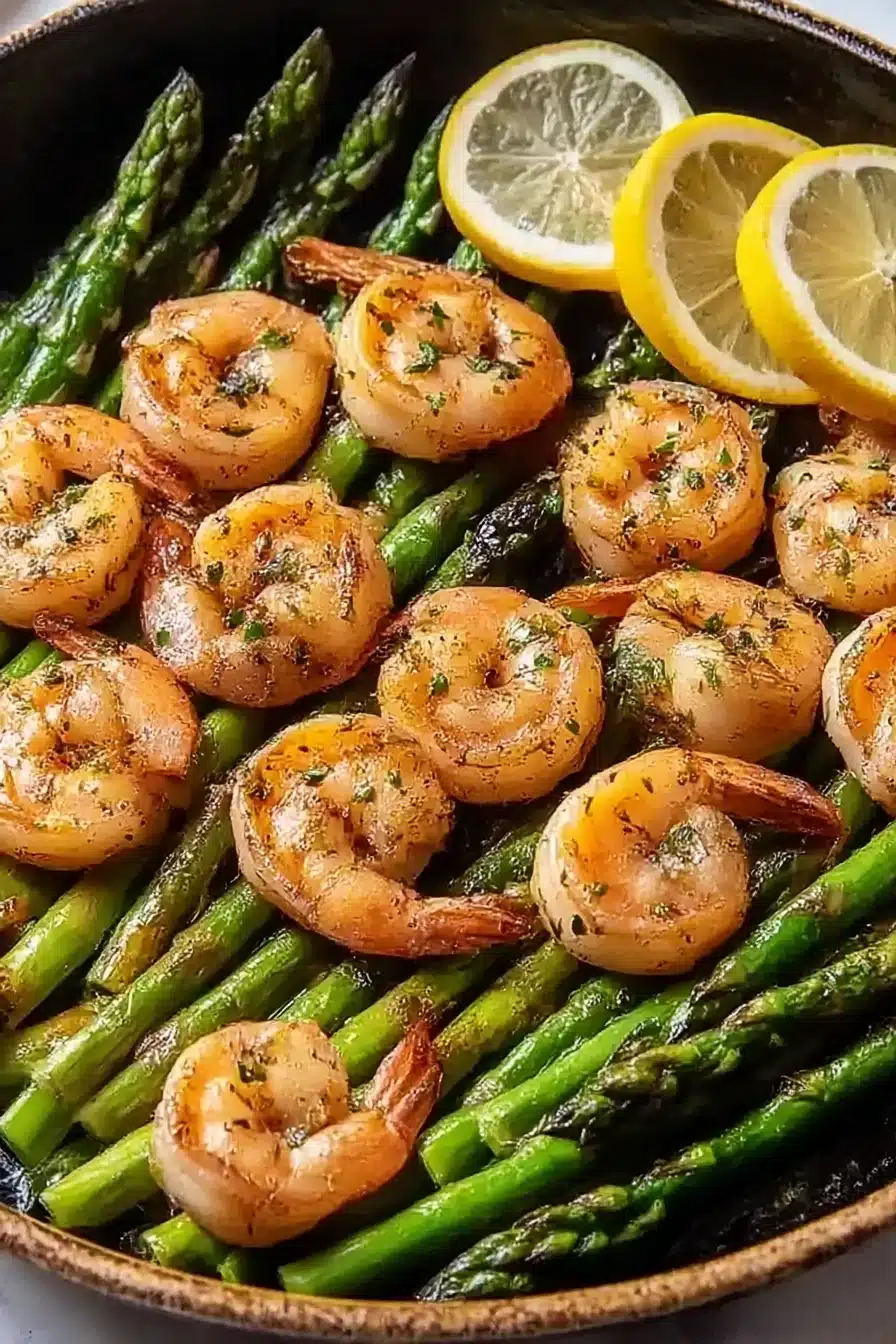 Golden seared shrimp with fresh asparagus and lemon slices in a skillet, garnished with herbs and olive oil.