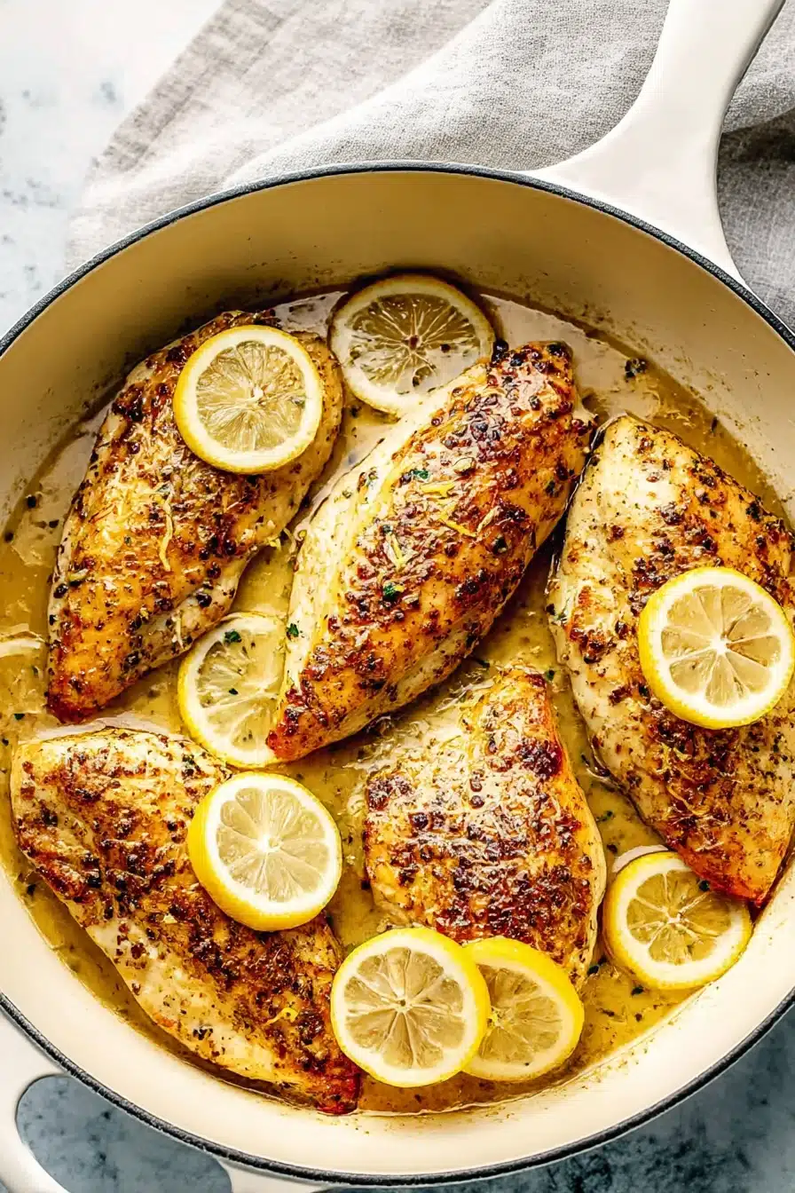Lemon pepper chicken breasts seared golden in garlic butter sauce with lemon slices in a skillet