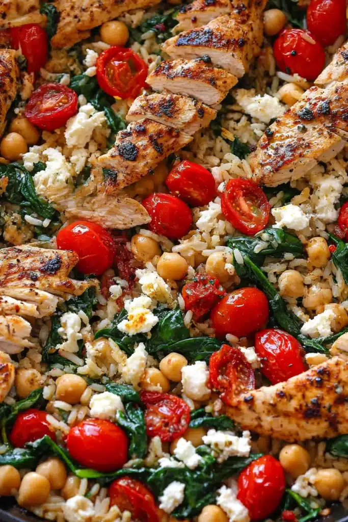 Close-up of Greek Chicken and Lemon Rice with juicy chicken, tomatoes, chickpeas, spinach, and feta

