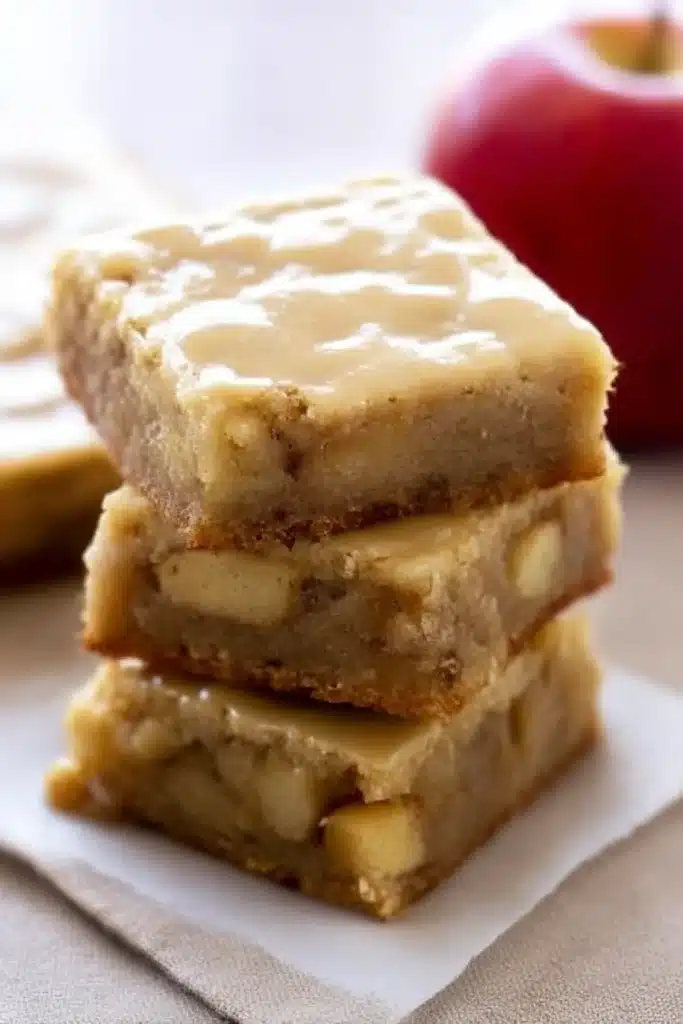 Stack of maple glazed apple blondies with apple chunks and a red apple in the background, set on linen with natural light

