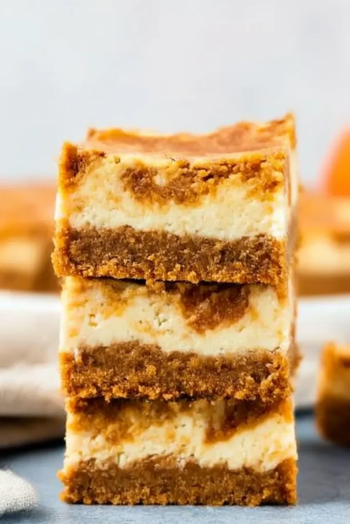 Stack of marbled pumpkin cheesecake bars with creamy swirls and graham cracker crust