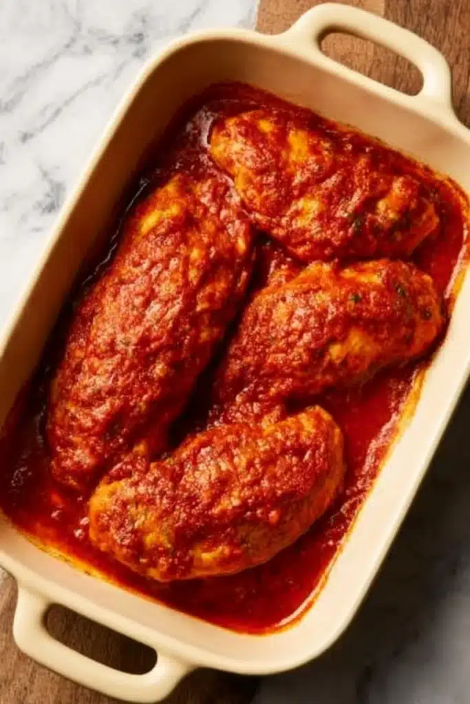 Cheesy Mozzarella Chicken Bake – Easy, Juicy & Irresistible 12 Seared chicken breasts covered in marinara sauce inside a ceramic baking dish