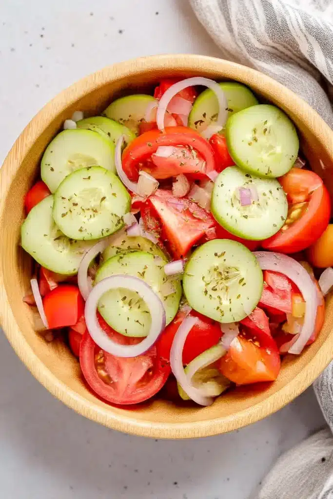 Fresh marinated cucumber tomato and onion salad in a ceramic bowl with herbs