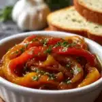 Marinated Roasted Bell Peppers – Easy Italian Summer Classic 6 Marinated roasted bell peppers in olive oil with parsley, served in a white dish beside crusty bread slices.