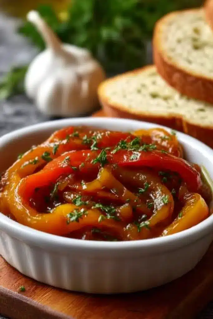 Marinated roasted bell peppers in olive oil with parsley, served in a white dish beside crusty bread slices.