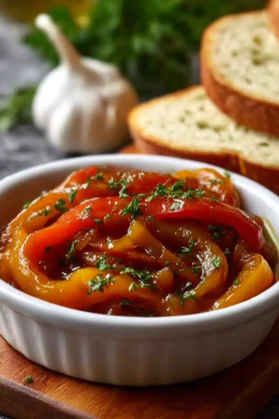Marinated roasted bell peppers in olive oil with parsley, served in a white dish beside crusty bread slices.