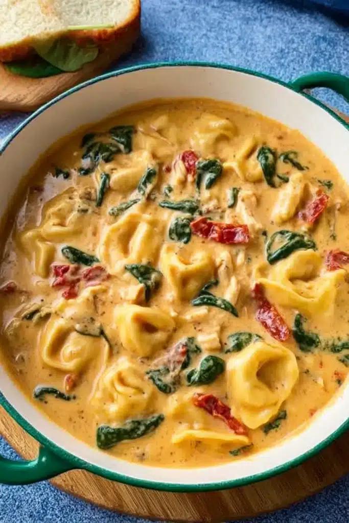 Marry Me Chicken Soup Recipe: Creamy, Cozy, and Delicious 6 Dutch oven filled with Marry Me Chicken Soup made with creamy Tuscan broth, tortellini, spinach, sun-dried tomatoes, and tender chicken.