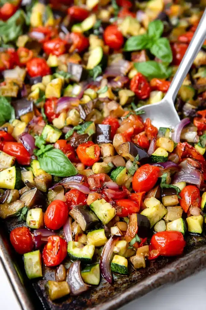 Mediterranean roasted eggplant with zucchini, cherry tomatoes, red onion, and basil on a baking tray