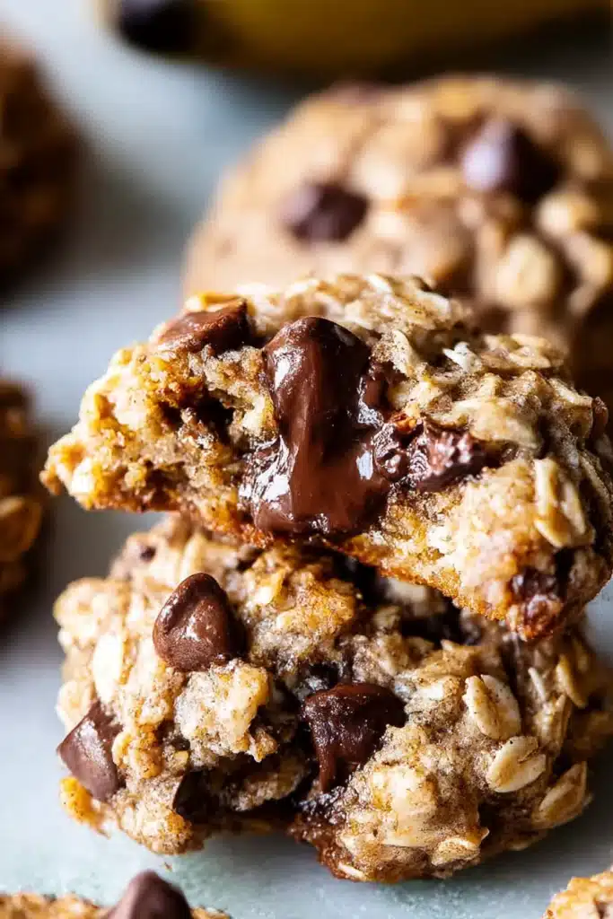 Banana Oatmeal Cookies – Soft, Healthy & Totally Delicious 11 Gooey banana oatmeal cookie broken in half with melty chocolate chips and soft oat texture