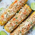 Mexican Street Corn Recipe – Bold, Creamy, and Perfect for Summer 7 Grilled Mexican street corn (Elote) on a white plate topped with cotija cheese, chili powder, and lime wedges