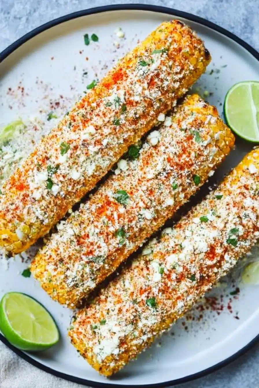 Grilled Mexican street corn (Elote) on a white plate topped with cotija cheese, chili powder, and lime wedges