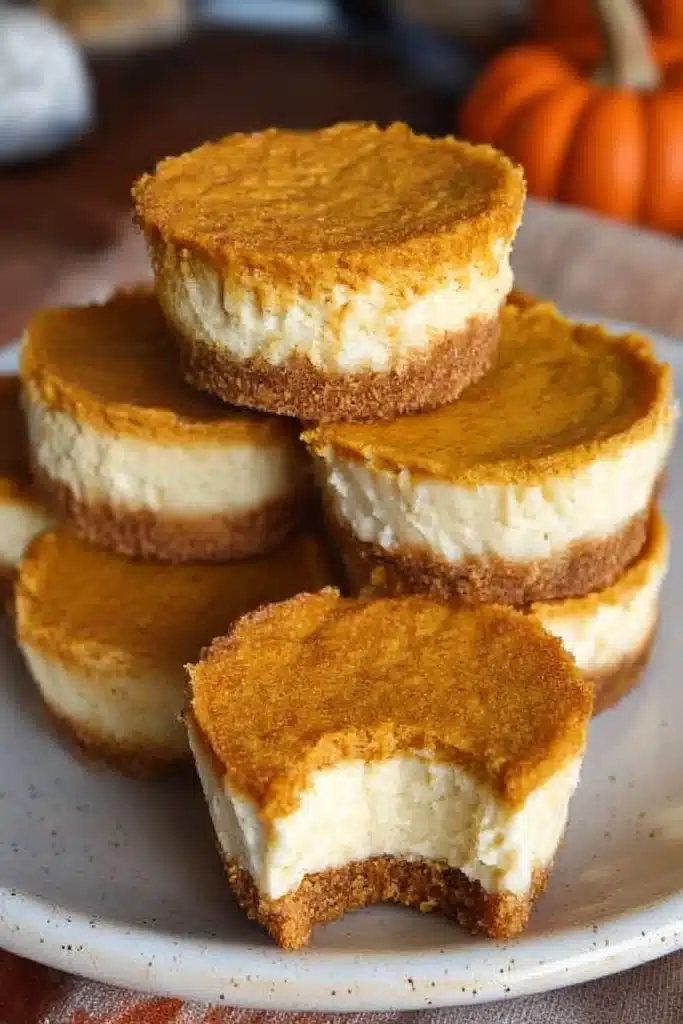 Mini pumpkin cheesecakes stacked on a ceramic plate, showing creamy cheesecake and spiced pumpkin layers with a graham cracker crust