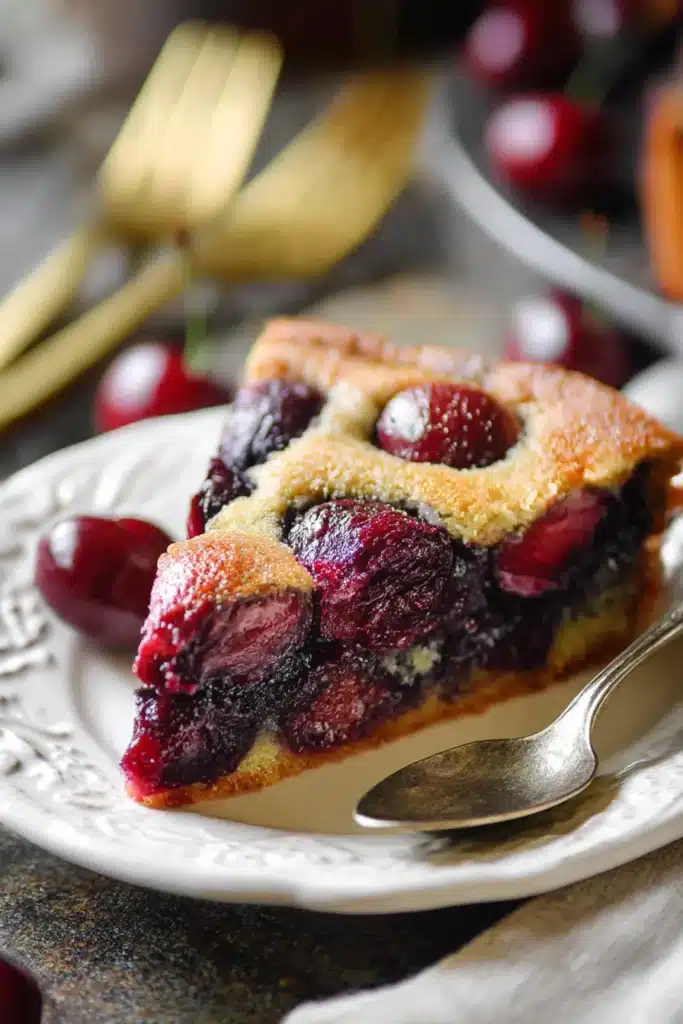 Close-up slice of simple cherry cake showing juicy baked cherry layers and golden crumb

