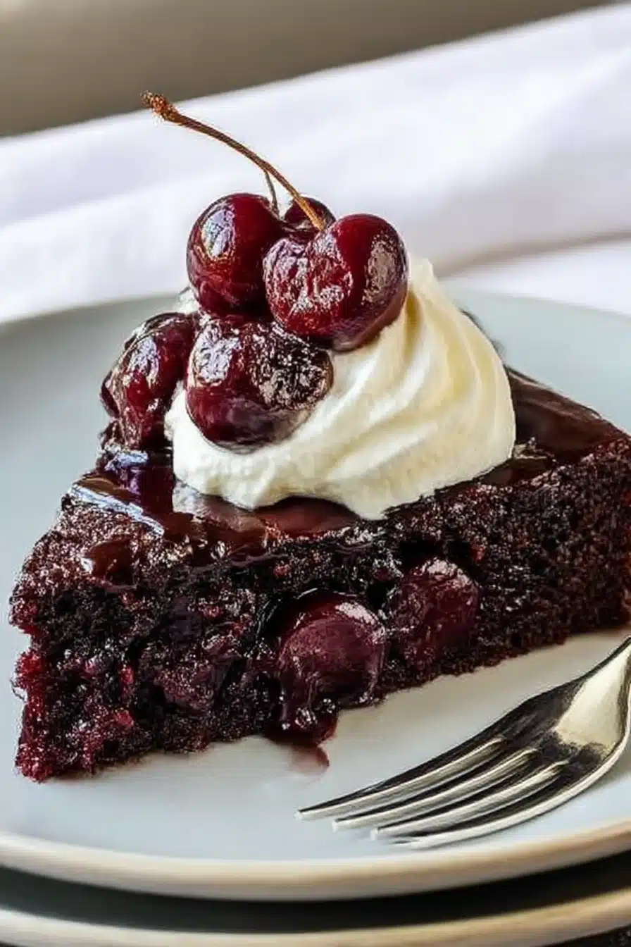A slice of Chocolate Cherry Upside Down Cake topped with whipped cream and chocolate ganache on a plate.