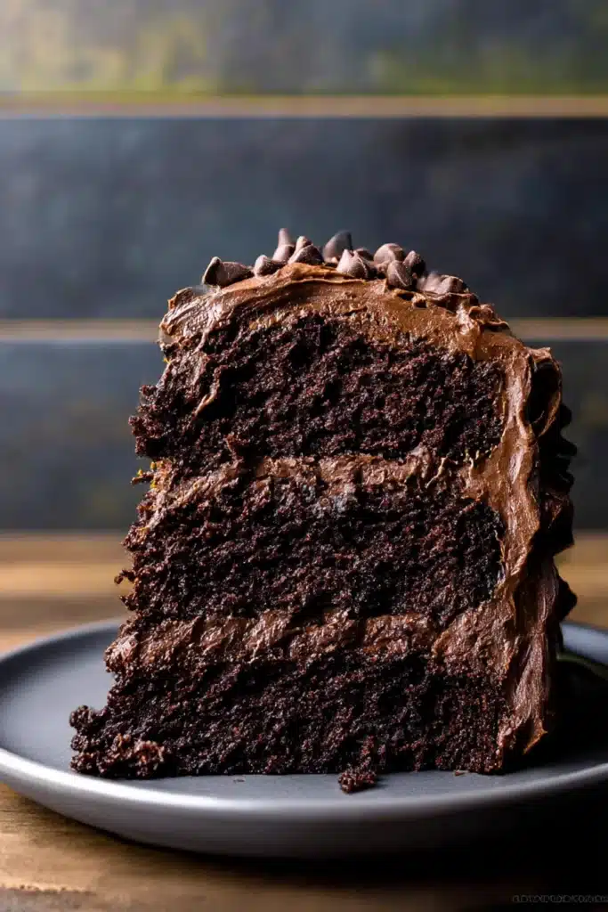 Close-up of a moist double-layer chocolate zucchini cake with thick chocolate frosting and mini chocolate chips, served on a gray plate.
