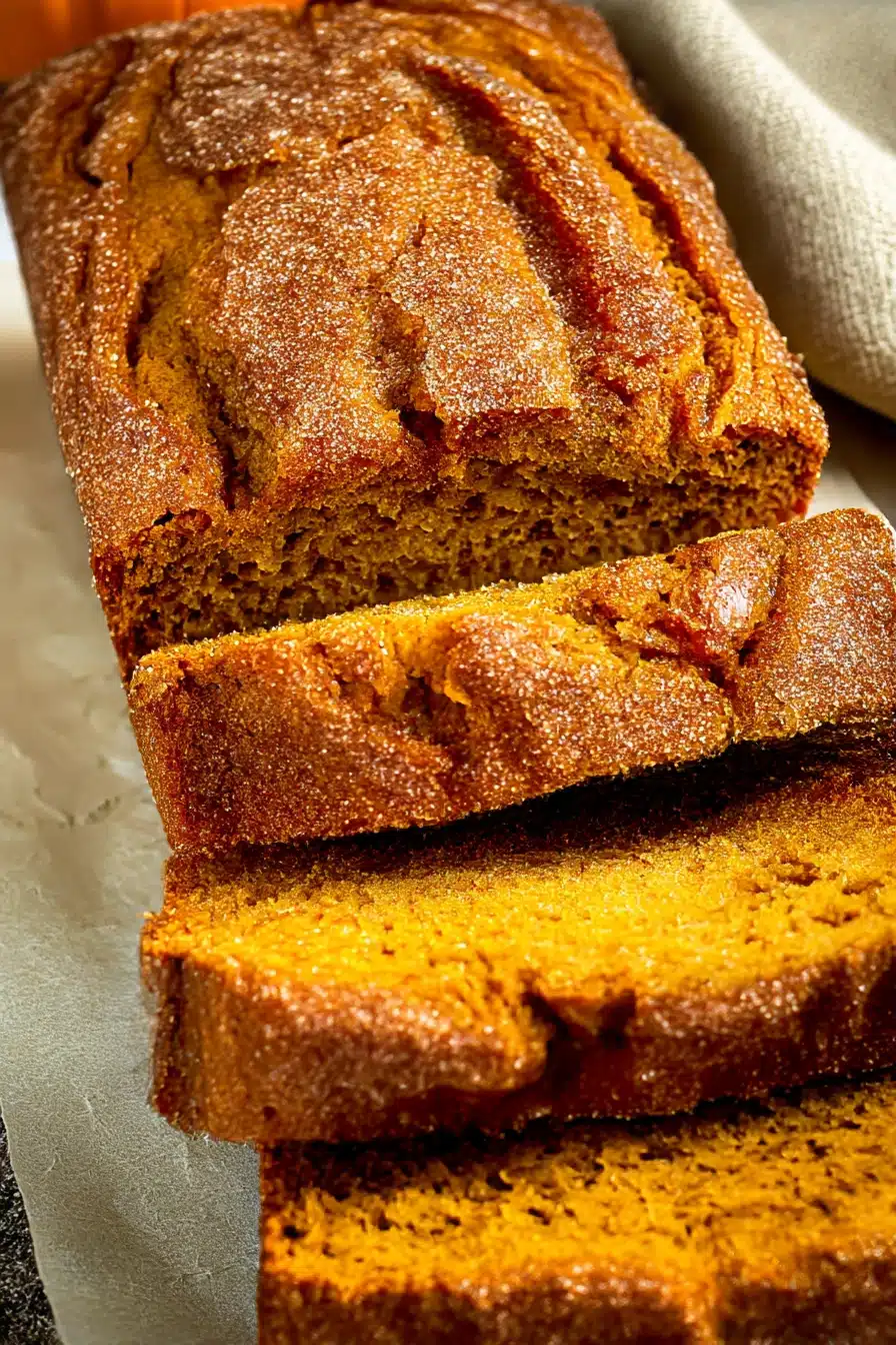 Sliced homemade pumpkin bread with a crispy sugar crust and soft moist crumb on parchment paper.