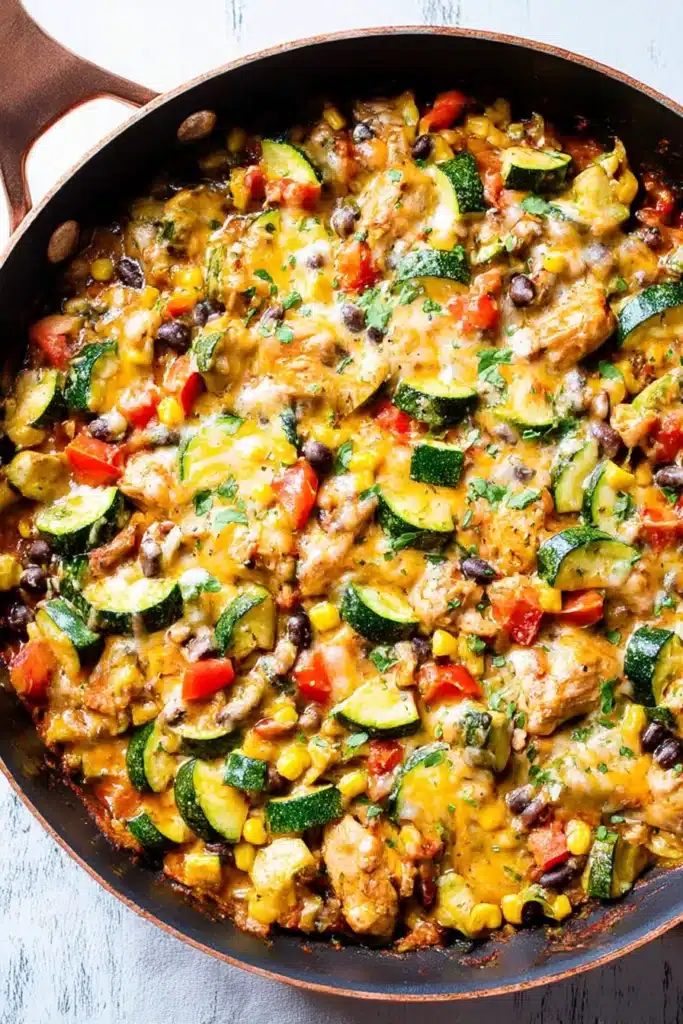 Chicken and Zucchini Recipe: Easy One-Pan Dinner Idea 11 Fully cooked chicken and zucchini skillet topped with melted cheese, corn, black beans, and cilantro