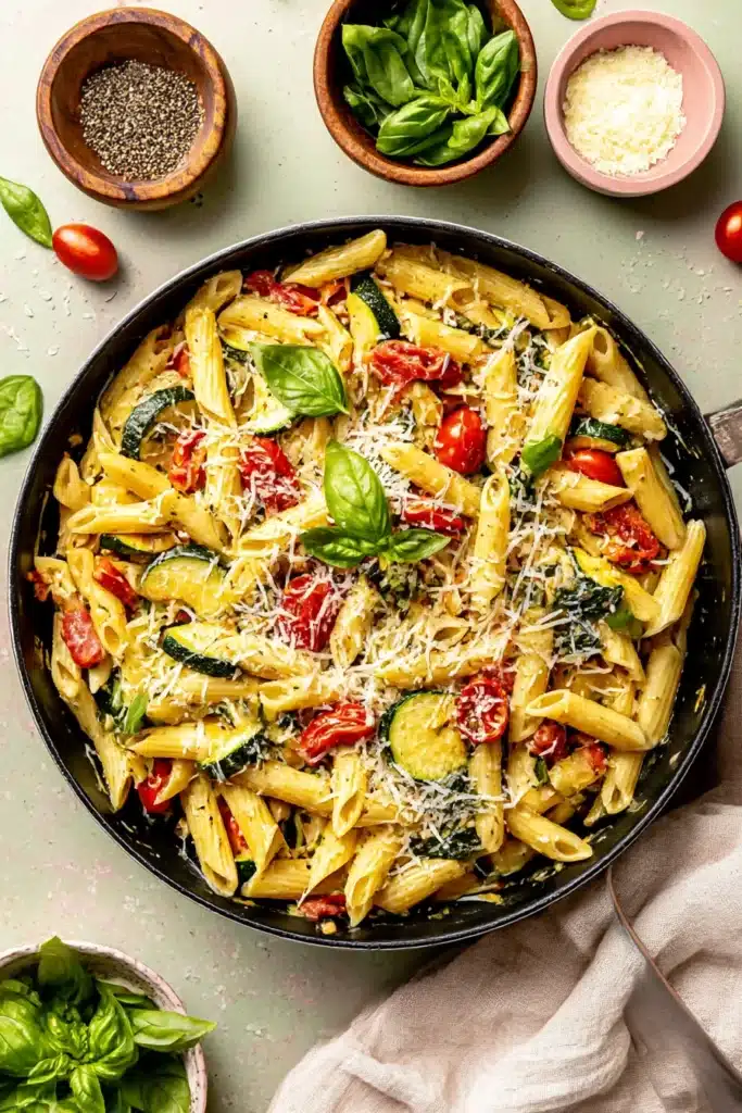 Overhead shot of tomato zucchini pasta in a skillet with roasted tomatoes, zucchini, basil, and Parmesan, styled with rustic garnishes on a soft backdrop.

