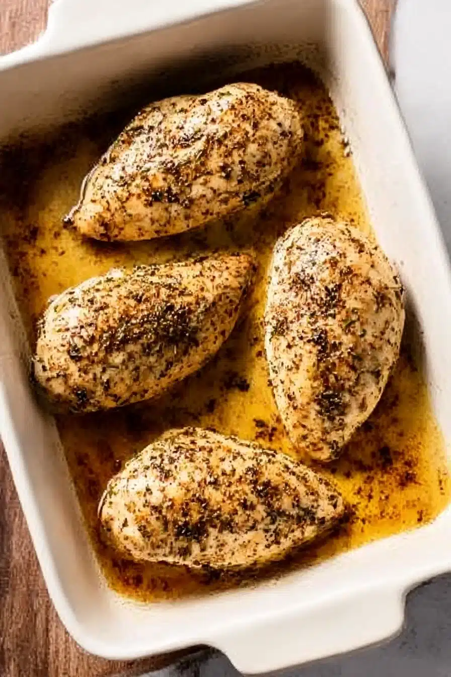 Juicy baked chicken breasts in a ceramic dish with golden seasoning and rich pan juices.