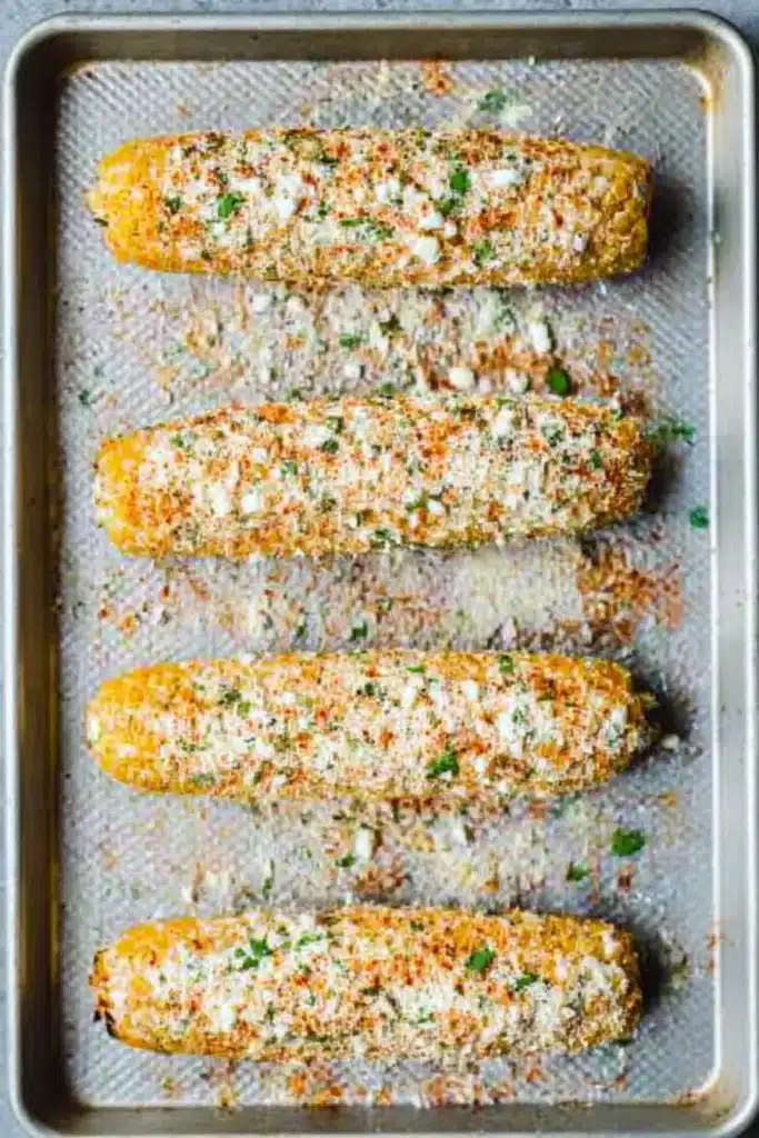 Mexican Street Corn Recipe – Bold, Creamy, and Perfect for Summer 5 Oven-roasted Mexican street corn with cheese, chili powder, and herbs on a baking tray