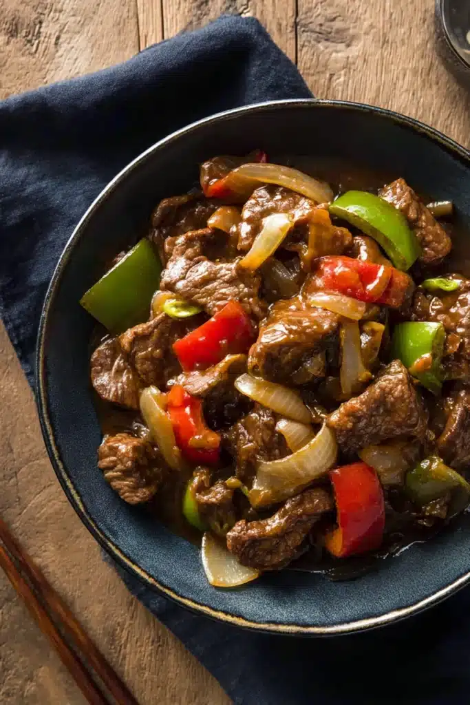 Flat lay of crockpot pepper steak in a dark bowl with green and red bell peppers and onions on a rustic surface


