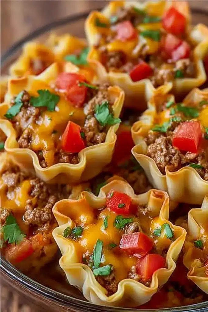 Taco Ranch Bites: Deliciously Easy, Irresistible Party Snack Everyone Loves 5 Taco ranch bites in a glass bowl with beef, cheddar, tomatoes, and cilantro