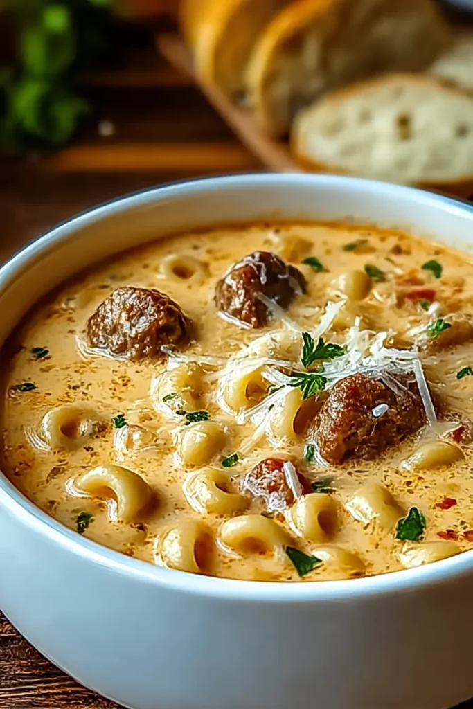 Creamy parmesan Italian sausage ditalini soup topped with grated cheese and parsley

