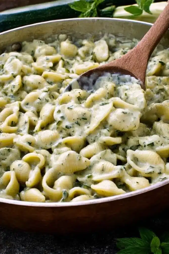 Creamy Zucchini Sauce Recipe – Rich & Lusciously Smooth 10 Shell pasta coated in creamy zucchini herb sauce in skillet with wooden spoon