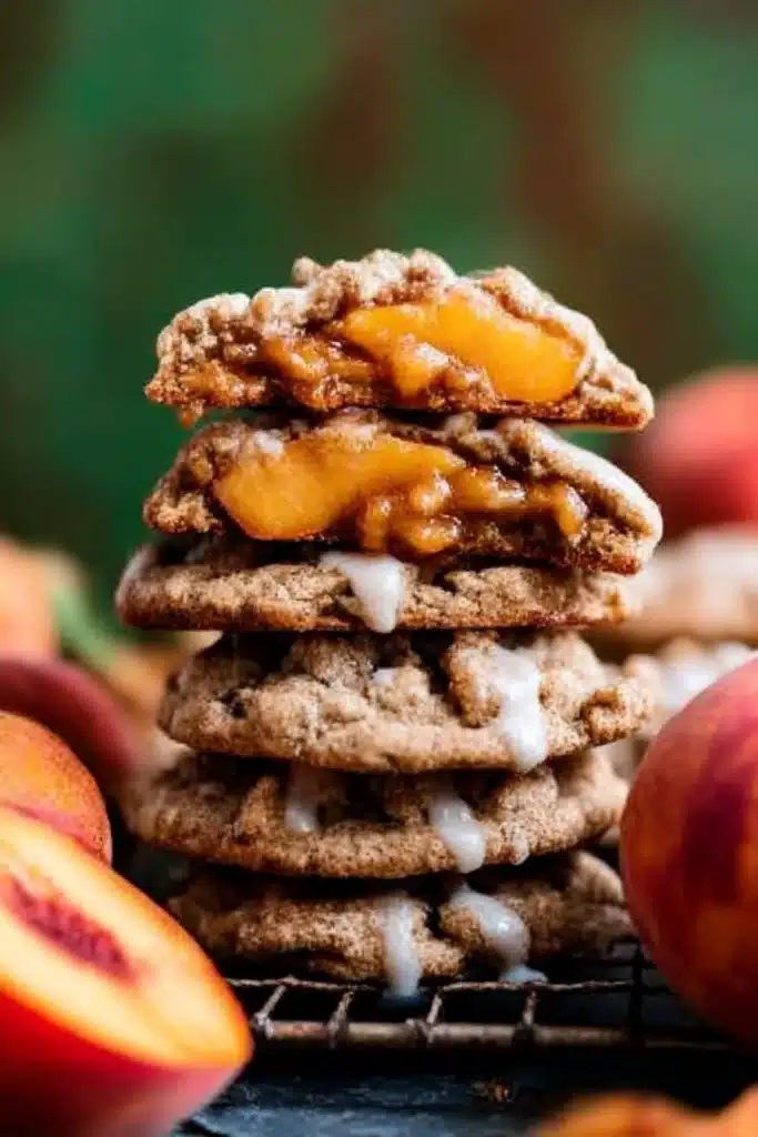 Peach Cobbler Cookies – Chewy, Fruity, and Crumb-Topped Delight 5 Stack of peach cobbler cookies with oozing peach filling, vanilla glaze, and cinnamon crumble on rustic backdrop