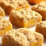 Peach Crumble Bars – Easy, Buttery, and Packed with Juicy Peach Flavor 9 Close-up of homemade peach crumble bars with golden oat topping and juicy peach filling on a light background