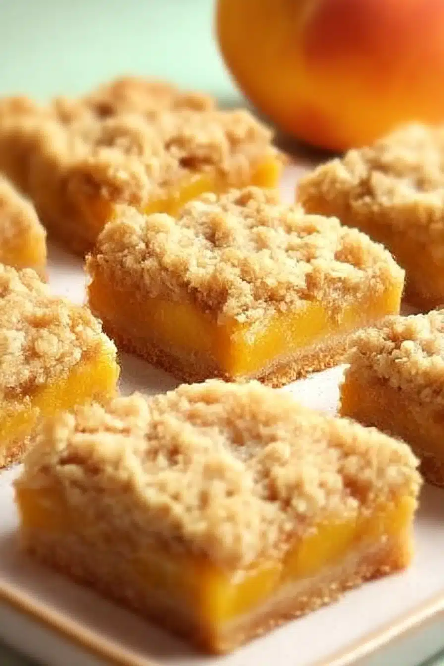 Close-up of homemade peach crumble bars with golden oat topping and juicy peach filling on a light background