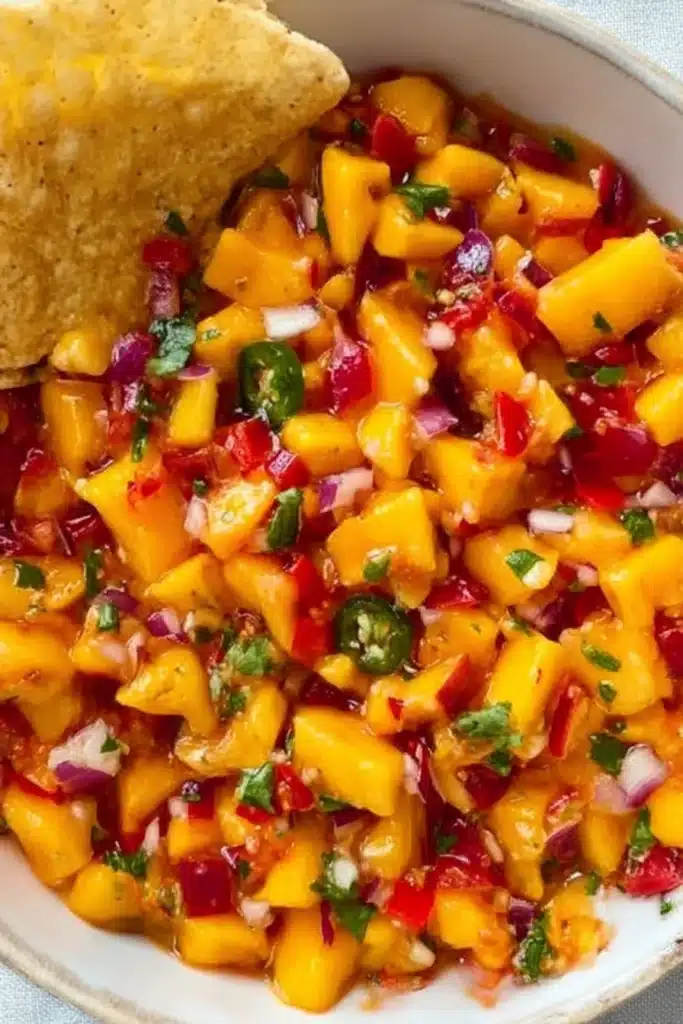Fresh peach mango salsa with diced fruit, peppers, onion, and cilantro served with a tortilla chip in a ceramic bowl