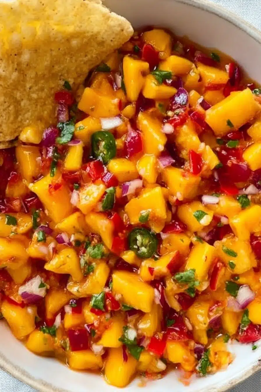 Fresh peach mango salsa with diced fruit, peppers, onion, and cilantro served with a tortilla chip in a ceramic bowl