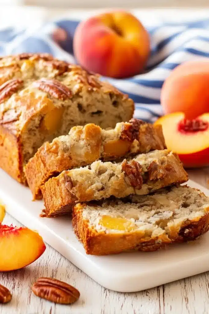 Peach Pecan Bread Recipe – Sweet, Moist, and Perfect for Summer 7 Sliced peach pecan bread loaf on a white board with fresh peaches and pecans in the background.