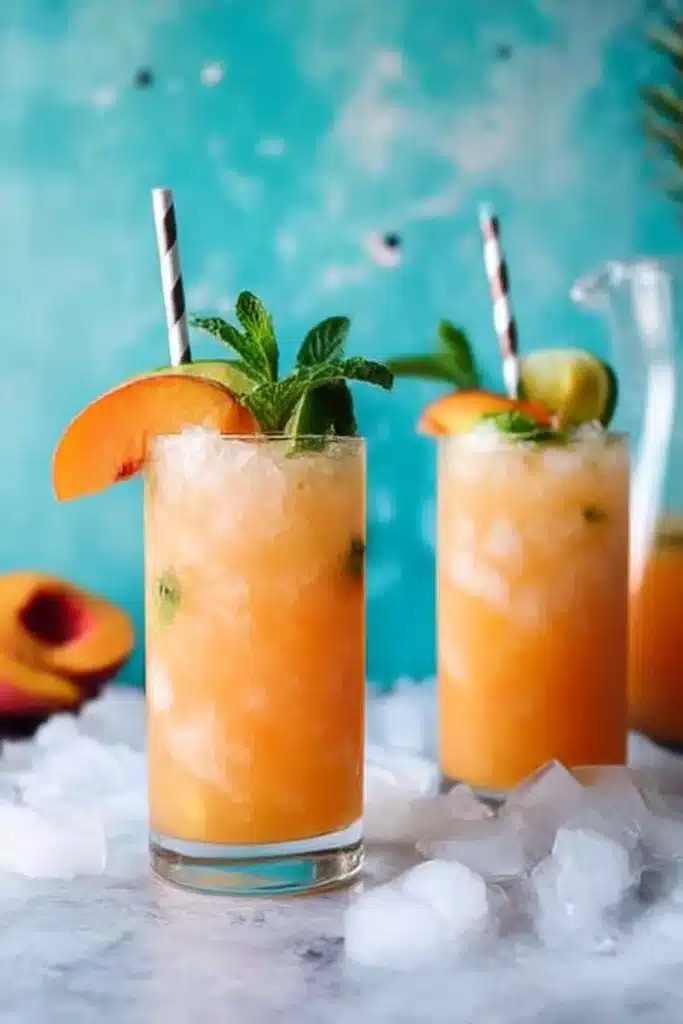 Two glasses of pineapple peach agua fresca over crushed ice, garnished with peach, lime, and mint on a chilled summer table.