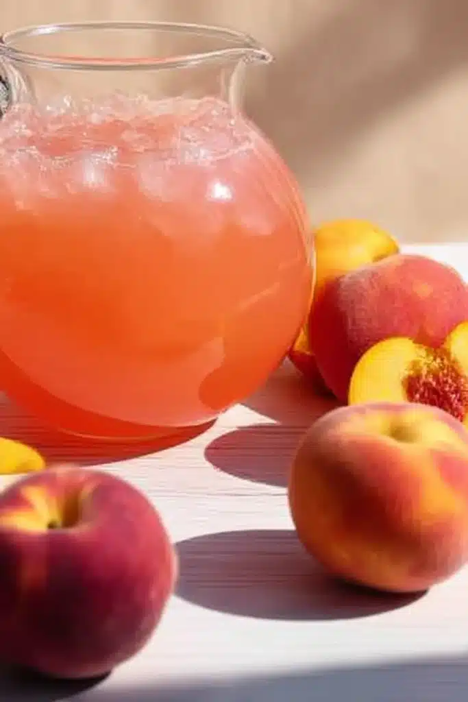 Glass pitcher filled with peach lemonade and ice, surrounded by fresh whole peaches

