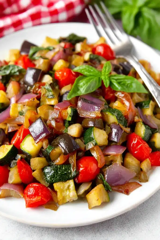 Mediterranean Roasted Eggplant – Easy Vegan Side Dish 8 Plate of Roasted Mediterranean Vegetables with Basil