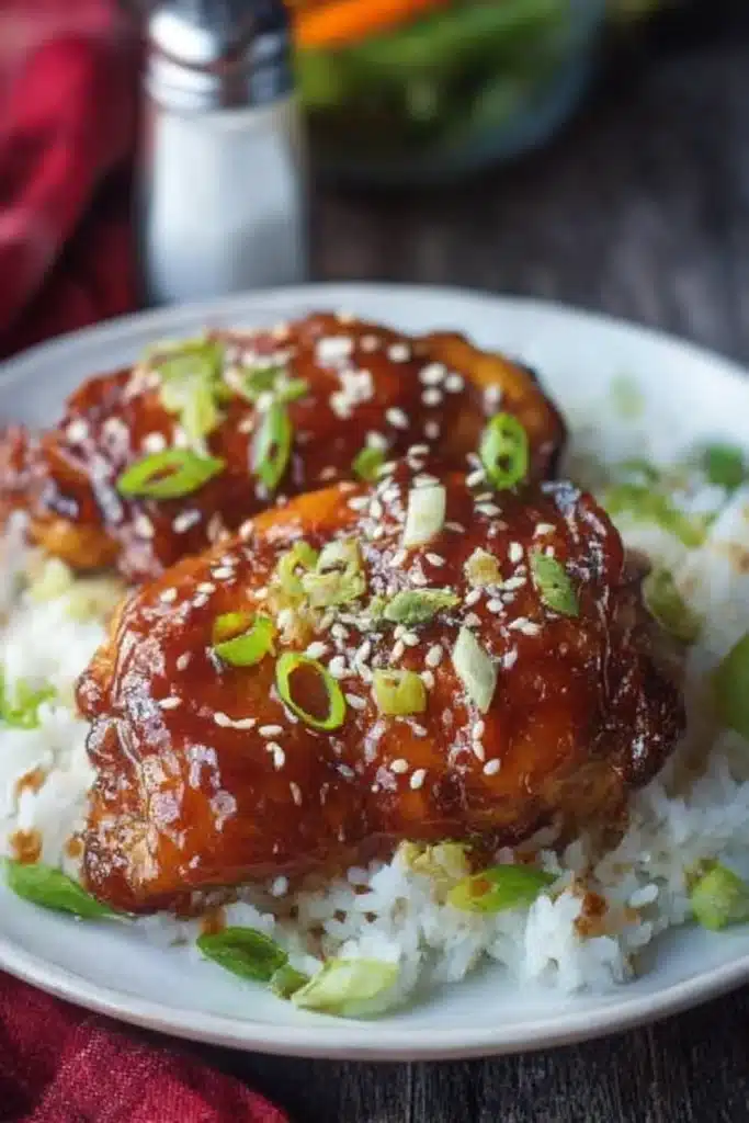 Plated Honey Garlic Chicken with Rice and Sesame Garnish