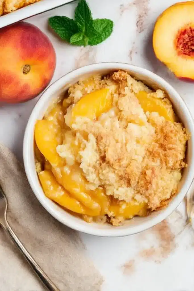 Peach Cobbler with Cake Mix – Easy 4-Ingredient Summer Dessert 6 Bowl of peach cobbler with cake mix showing golden crisp topping and juicy peach slices, served with rustic peach and mint garnish