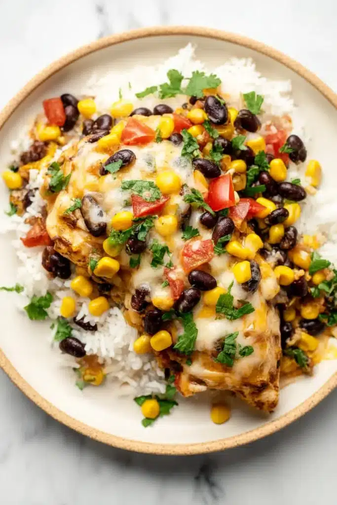 Santa Fe chicken served over white rice with corn, beans, tomatoes, and melted cheese

