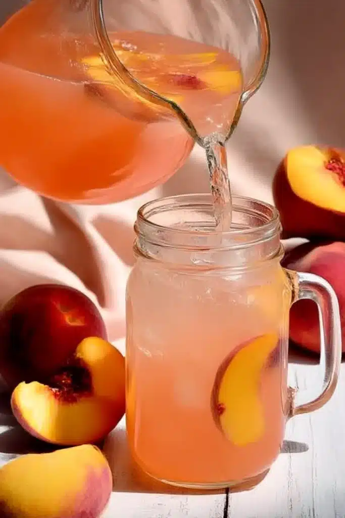 Peach lemonade being poured from a pitcher into a mason jar with fresh peaches and ice

