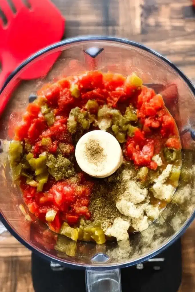 Overhead view of salsa ingredients in a food processor with tomatoes, green chiles, and spices before blending

