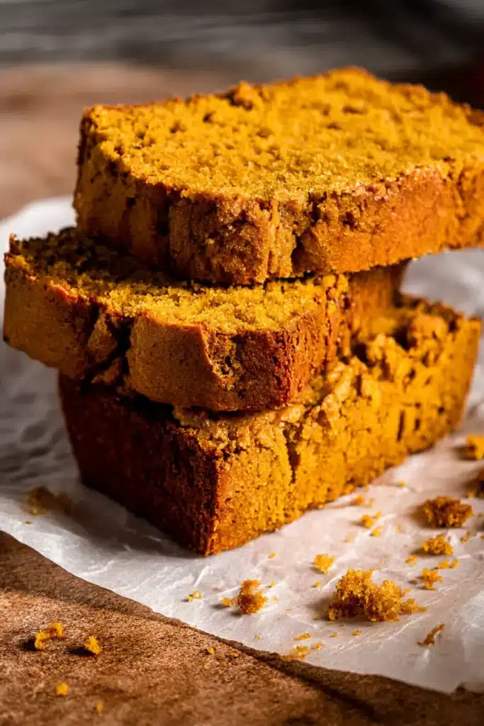 Pumpkin Bread Recipe: Moist, Sweet & Easy to Make 8 Sliced pumpkin bread with a cracked sugar crust on parchment paper.