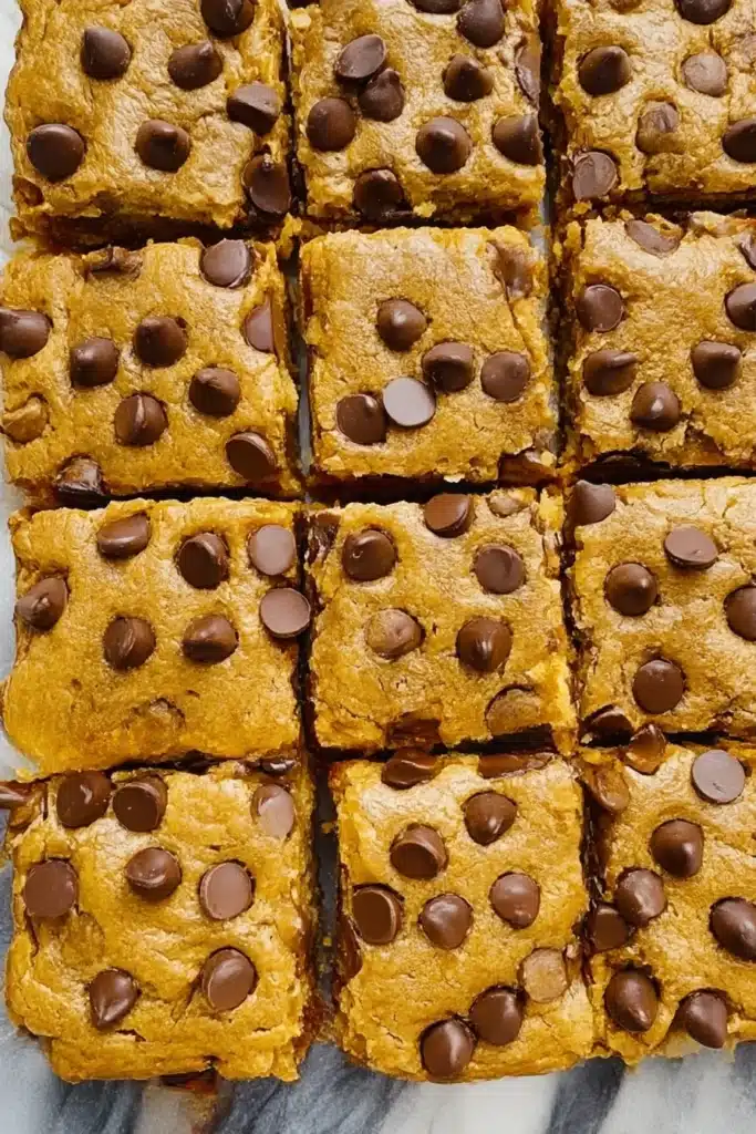Top view of soft pumpkin chocolate chip bars sliced into perfect squares on parchment paper

