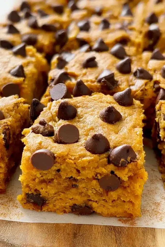 Moist pumpkin chocolate chip bars with melty chocolate chunks, sliced and ready to serve on a rustic surface