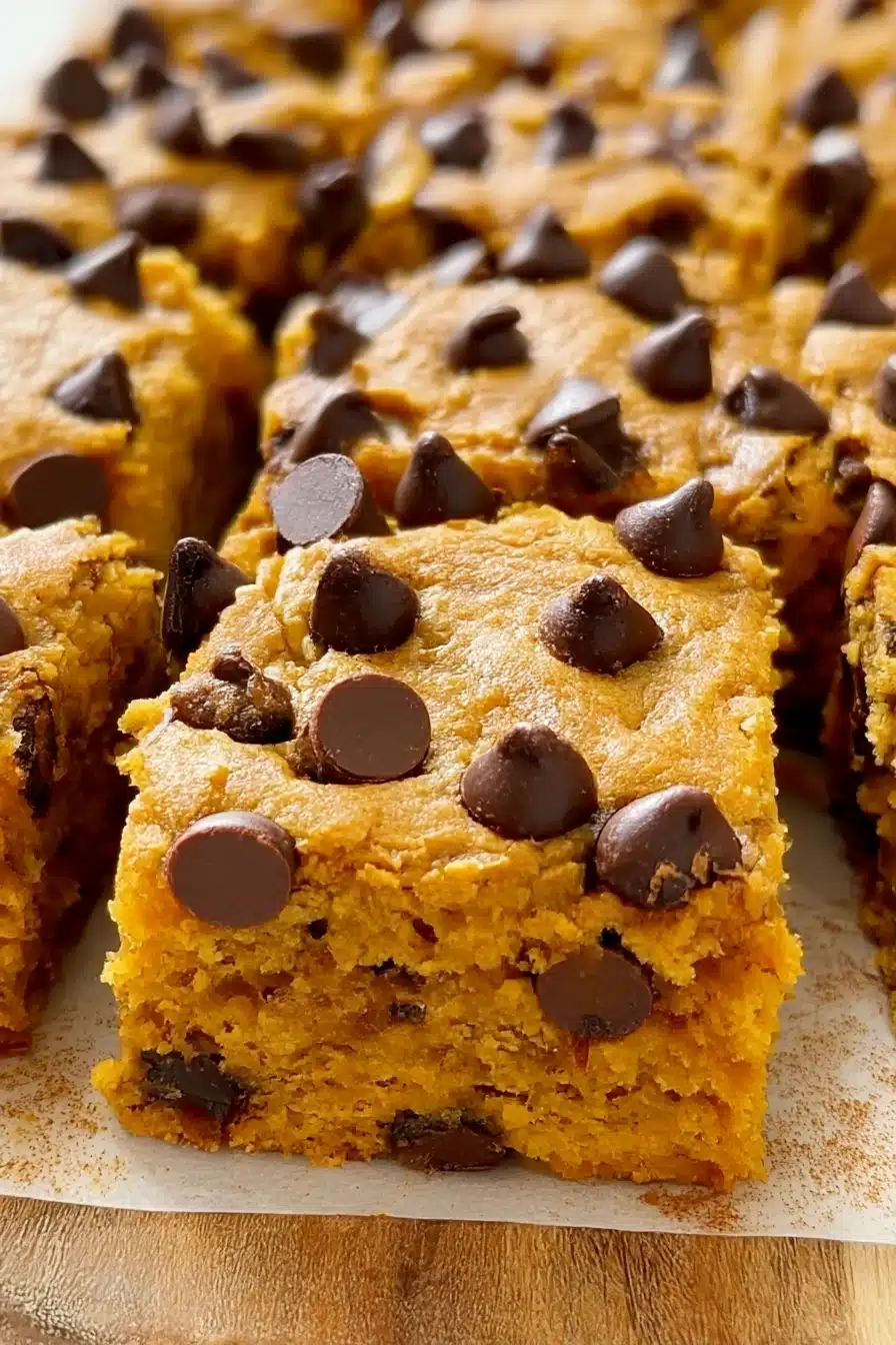 Moist pumpkin chocolate chip bars with melty chocolate chunks, sliced and ready to serve on a rustic surface