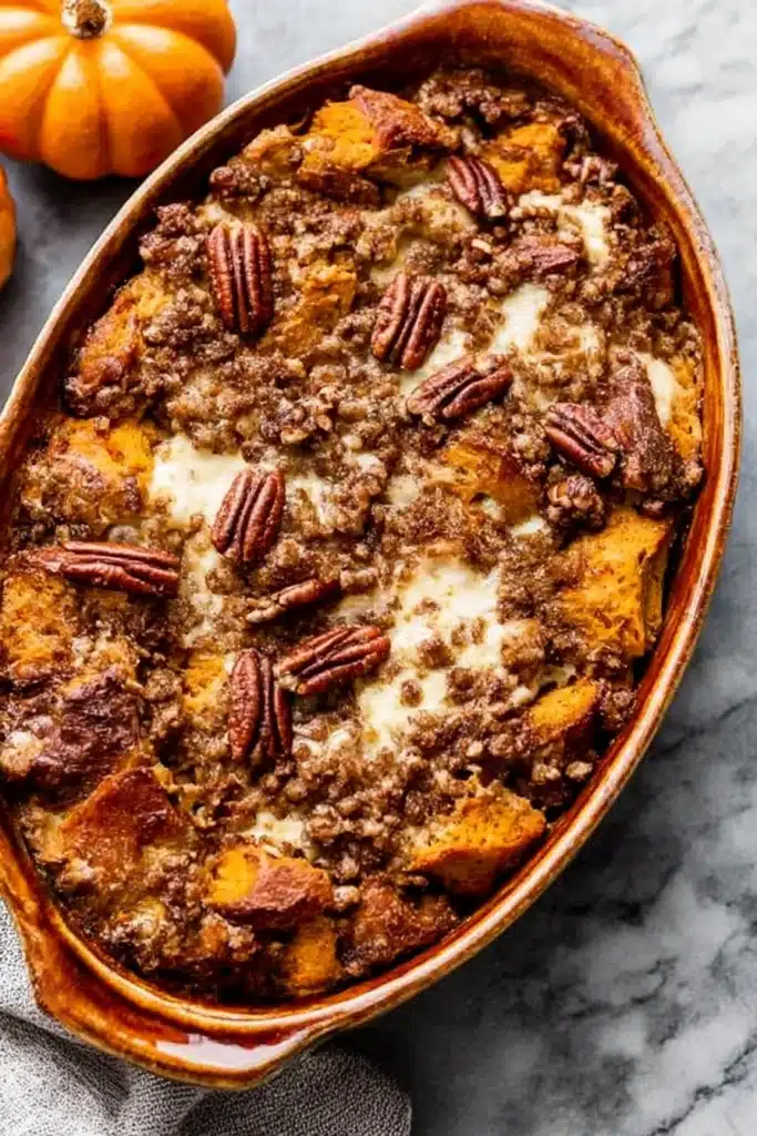Pumpkin French toast casserole with cream cheese and pecan topping in a ceramic baking dish.

