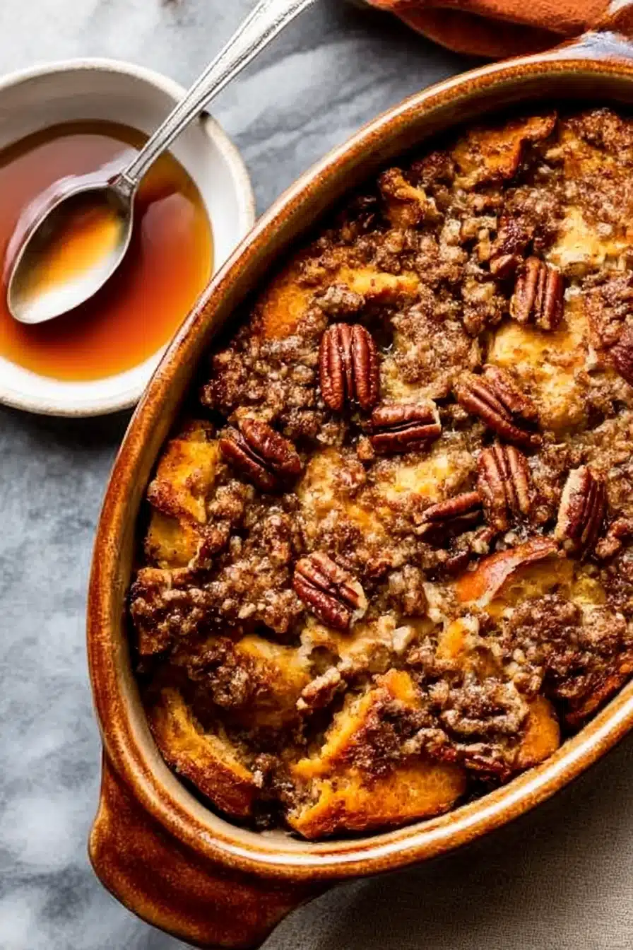 Close-up of pumpkin French toast casserole with pecan streusel in a rustic dish, served with maple syrup.