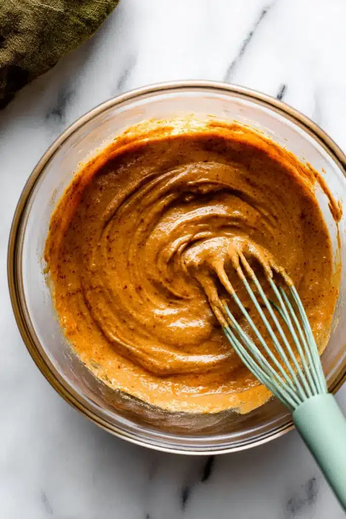 Smooth pumpkin muffin batter in a glass bowl with a whisk on white marble, top view

