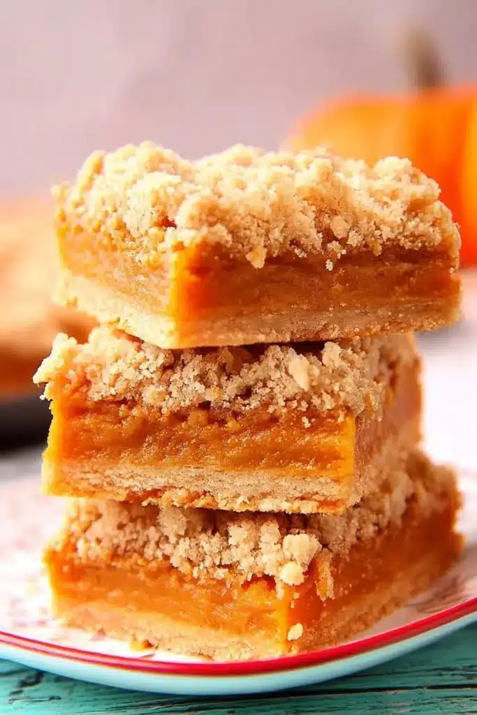 Three stacked pumpkin pie bars with crumb topping on a patterned plate, soft fall-themed background

